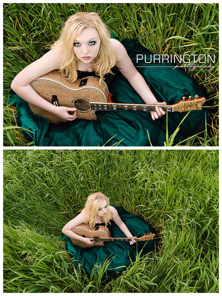 girl in grass field with guitar
